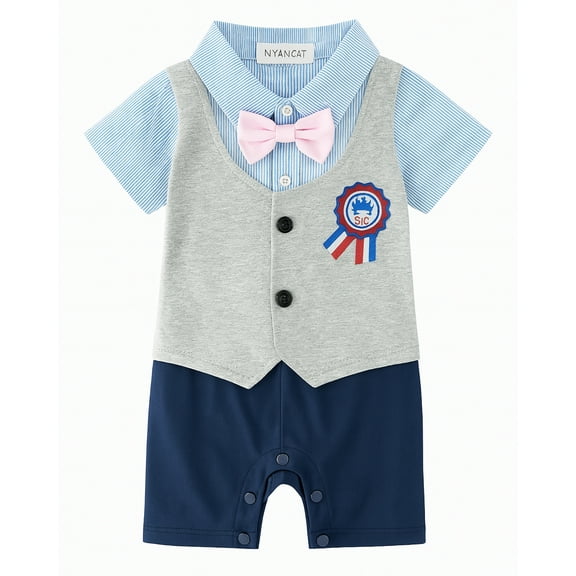 StylesILove Baby Plaid Award Badge Tuxedo Baby Romper (6-12 Months, Grey)