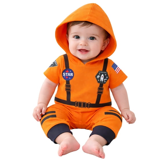 StylesILove Baby Toddler Boy Astronaut Cotton Onesie Hooded Romper Cosplay Party Halloween Jumpsuit Outfit (12 Months, Orange - Short Sleeve)