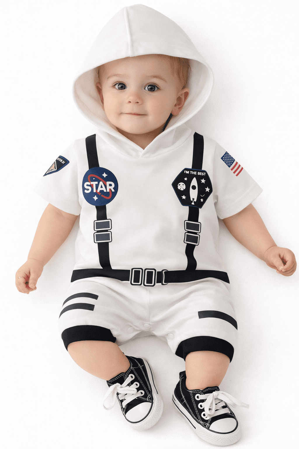 StylesILove Baby Toddler Boy Astronaut Cotton Onesie Hooded Romper Cosplay Party Halloween Jumpsuit Outfit (18 Months, White - Short Sleeve)