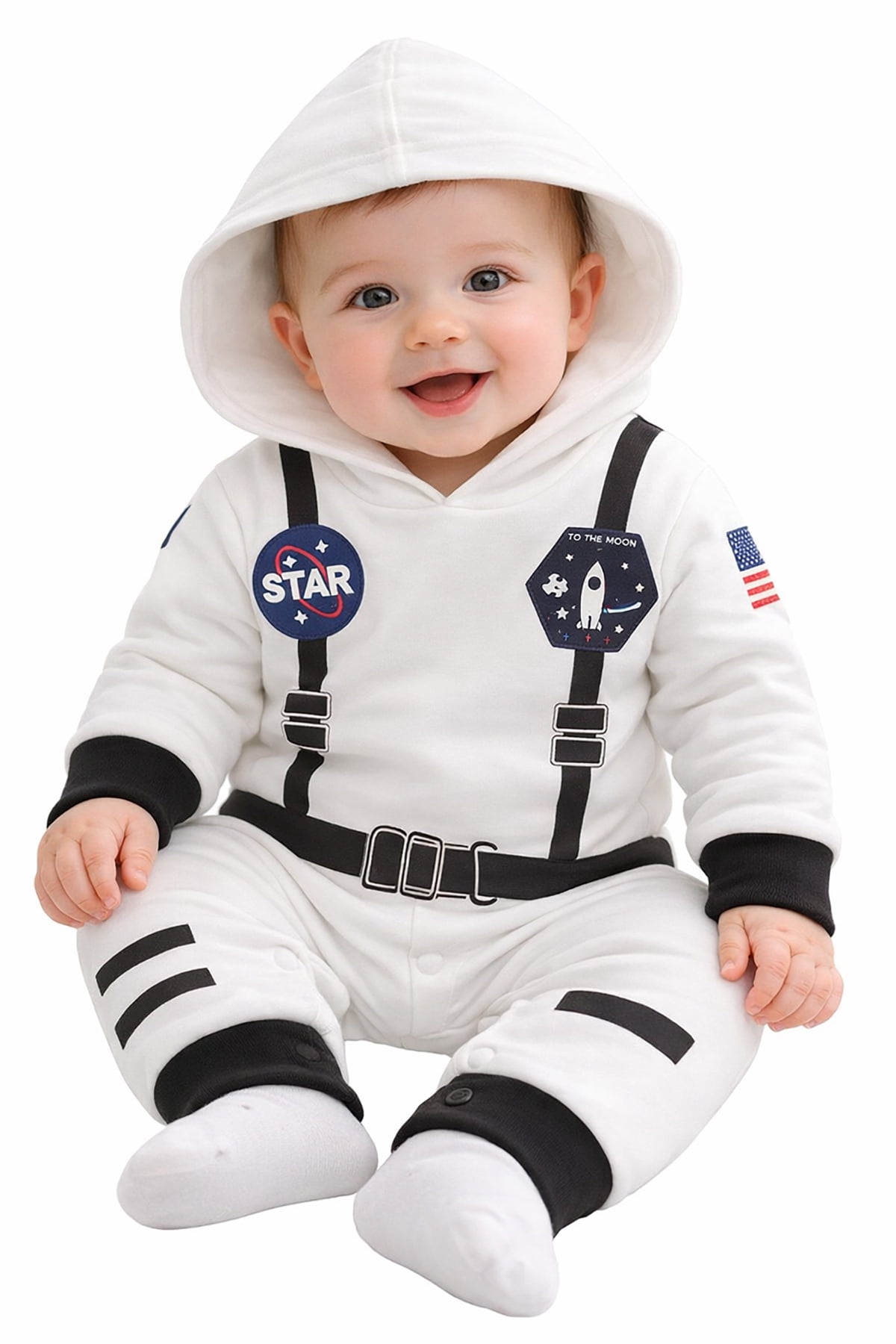 StylesILove Baby Toddler Boy Long Sleeve Astronaut Cotton Onesie Hooded Romper Cosplay Party Halloween Jumpsuit Outfit (18 Months, White - Long Sleeve)