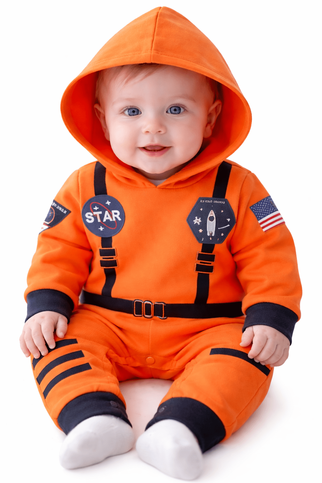 StylesILove Baby Toddler Boy Long Sleeve Astronaut Cotton Onesie Hooded Romper Cosplay Party Halloween Jumpsuit Outfit (24 Months, Orange - Long Sleeve)