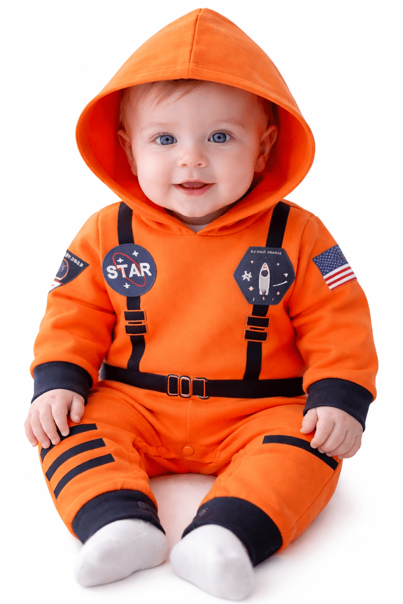 Baby Toddler Boy Long Sleeve Astronaut Cotton Onesie Hooded Romper Cosplay Party Halloween Jumpsuit Outfit (6 Months, Orange - Long Sleeve)