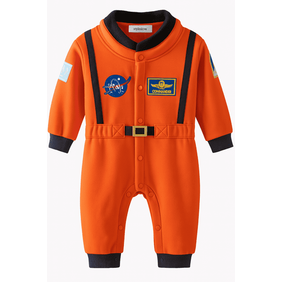 StylesILove Baby Toddler Boy Orange Astronaut Fleece Costume Jumpsuit (12-18 Months)