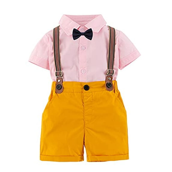 StylesILove Baby Toddler Boys Classic Button Down Shirt and Shorts, Suspenders, Bowtie 4pcs Gentleman Suit Set Cotton Overalls Outfit (Pink, 5T)
