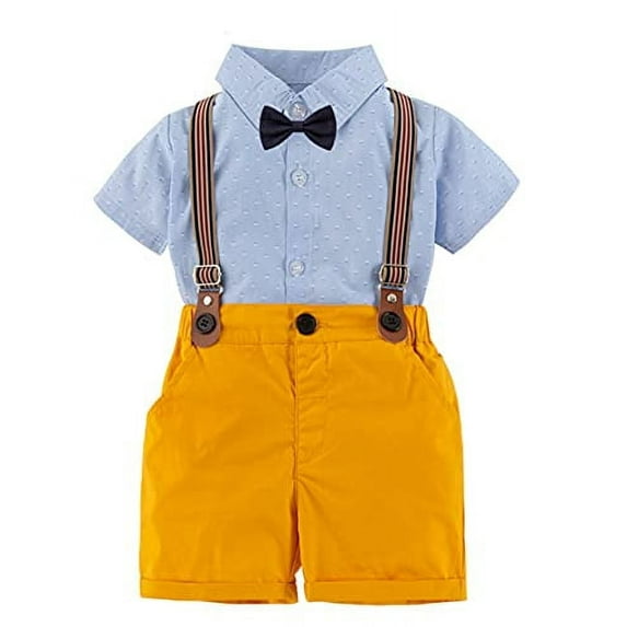 StylesILove Baby Toddler Boys Classic Button Down Shirt and Shorts, Suspenders, Bowtie 4pcs Gentleman Suit Set Cotton Overalls Outfit (Blue Floral, 12 Months)