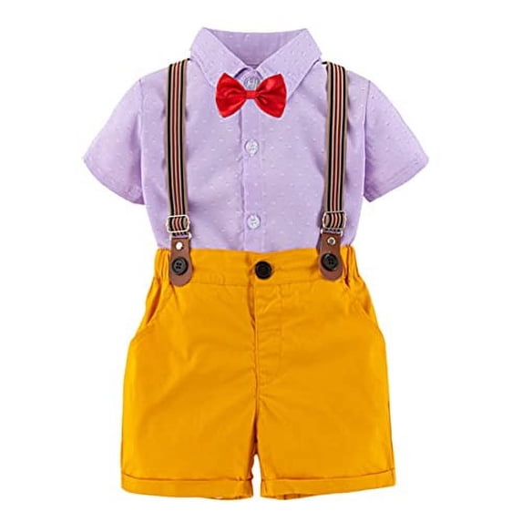 StylesILove Baby Toddler Boys Classic Button Down Shirt and Shorts, Suspenders, Bowtie 4pcs Gentleman Suit Set Cotton Overalls Outfit (Purple Floral, 3T)