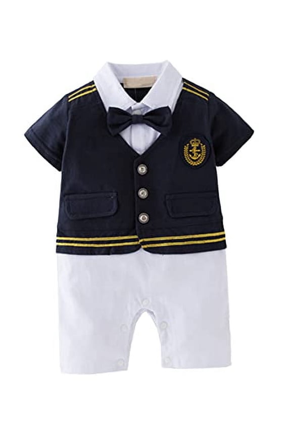 Baby Toddler Boys Pilot Short Sleeve Cotton Romper Bow-tie Vest All-in-One Halloween Outfit (Navy Blue, 24 Months)