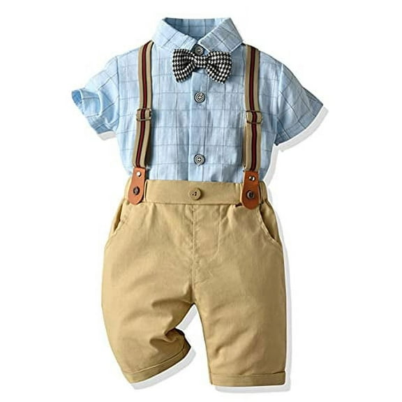 StylesILove Baby Toddler Boys Short Sleeve Plaid Bowtie Shirt and Bottom, Suspenders 3pcs Gentleman Suit Set Cotton Overalls Outfit (Blue, 24 Months)