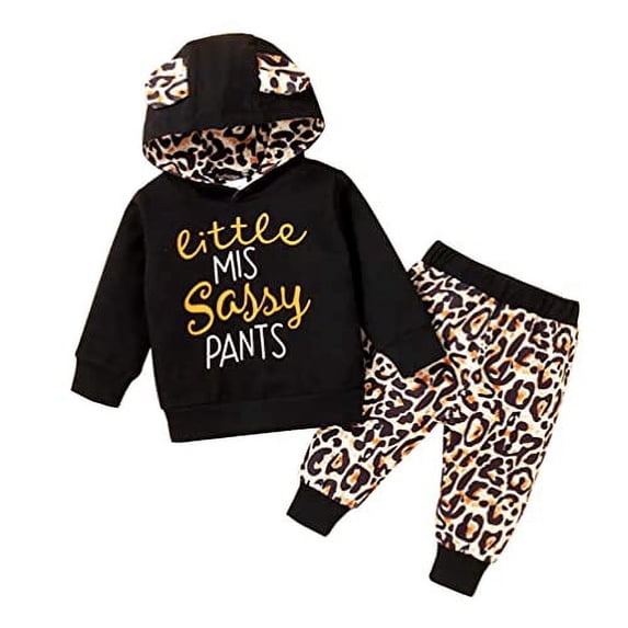 StylesILove Baby Toddler Girls 3D Ears Letter Print Long Sleeve Pullover Hoodie & Leopard Pants 2pcs Fall Winter Outfit (Black, 12 Months)