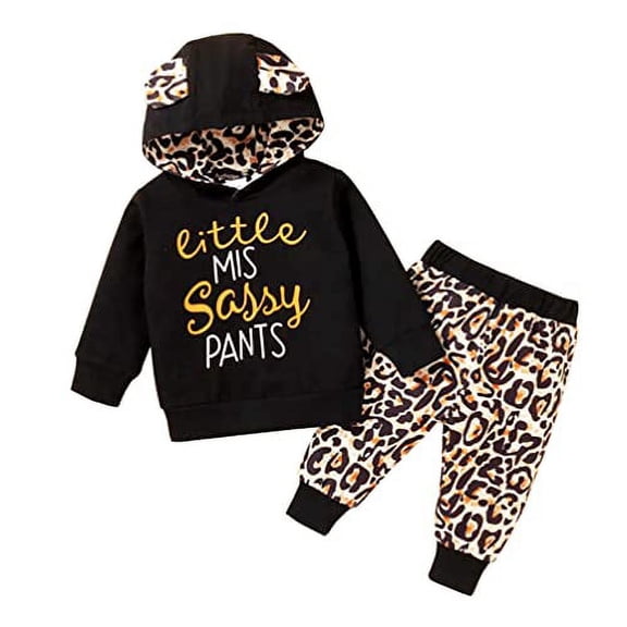 StylesILove Baby Toddler Girls 3D Ears Letter Print Long Sleeve Pullover Hoodie & Leopard Pants 2pcs Fall Winter Outfit (Black, 12 Months)