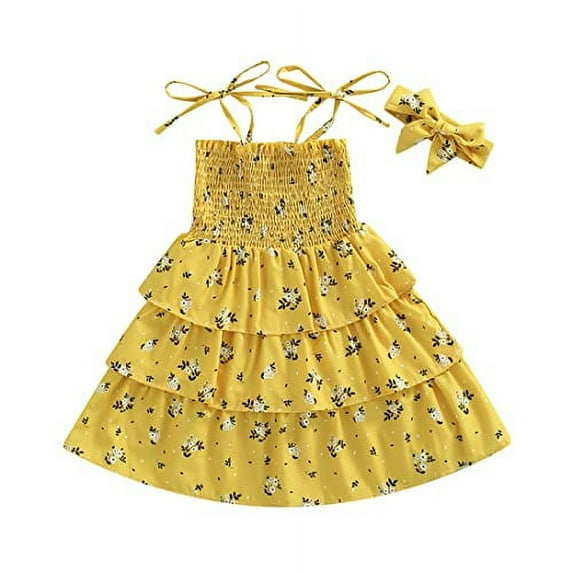 StylesILove Baby Toddler Girls Floral Print Smocked Tiered Sleeveless Dress & Headband 2pcs Summer Ruffle Sundress Outfit (Mustard Yellow, 2-3 Years)