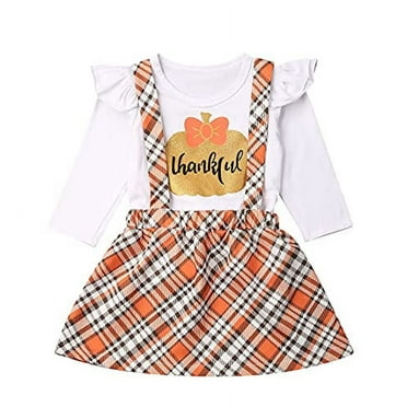 StylesILove Baby Toddler Girls Gold Pumpkin Thankful Long Sleeve Top with Plaid Suspender Skirt 2pcs Thanksgiving Holiday Outfit (12 Months)