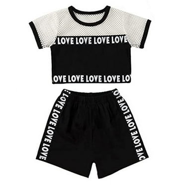 StylesILove Baby Toddler Girls Love Print Mesh Short Sleeve T-Shirt and Sporty Shorts 2pcs Activewear Outfit (Black, 100/18-24 Months)