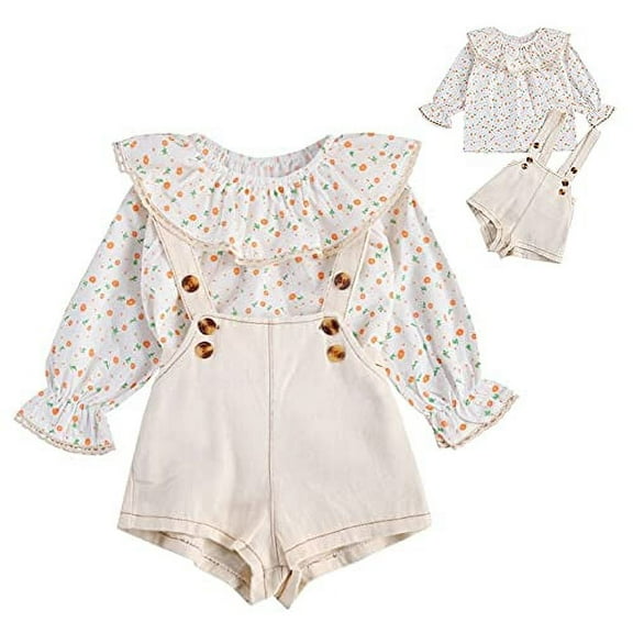 StylesILove Baby Toddler Girls Plaid Floral Print Ruffle Long Sleeve Top and Overall Shorts 2pcs Set Spring Summer Cotton Outfit (Ivory - Floral, 24M)