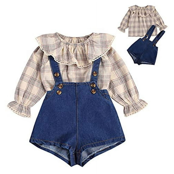 StylesILove Baby Toddler Girls Plaid Floral Print Ruffle Long Sleeve Top and Overall Shorts 2pcs Set Spring Summer Cotton Outfit (Blue- Plaid, 12M)