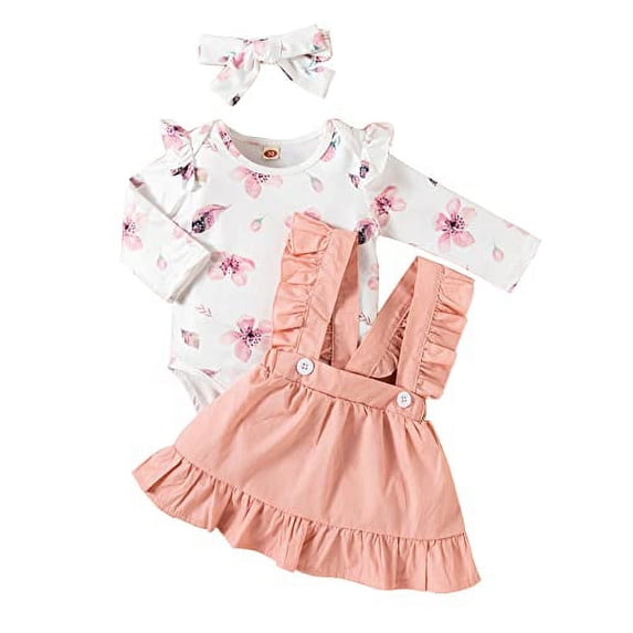 StylesILove Baby Toddler Girls Ruffle Long Sleeve Floral Bodysuit, Suspenders Skirt and Headband 3pcs Overall Dress Outfit (6 Months, Pink)