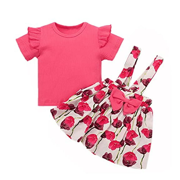 StylesILove Baby Toddler Girls Ruffle Short Sleeve Ribbed Top and Floral Suspender Skirt 2pcs Flower Dress Outfit (Pink, 12 Months)