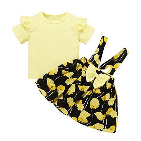 StylesILove Baby Toddler Girls Ruffle Short Sleeve Ribbed Top and Floral Suspender Skirt 2pcs Flower Dress Outfit (Yellow, 18 Months)