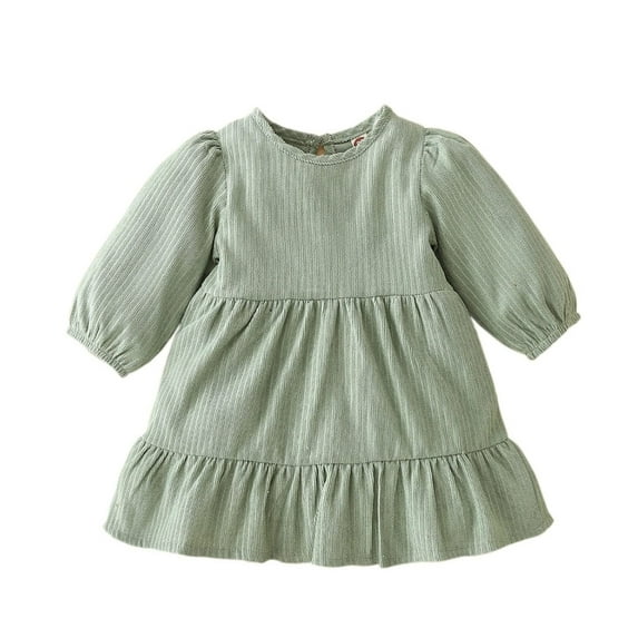 StylesILove Baby Toddler Girls Solid Ruffle Hem Long Puff Sleeve Corduroy Dress Princess Casual Spring Fall Outfit (24 Months, Green)