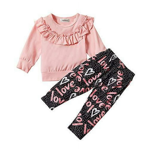StylesILove Baby Toddler Girls Valentine's Day Pink Ruffled Long Sleeve Top and Love Leggings 2pcs Cotton Outfit