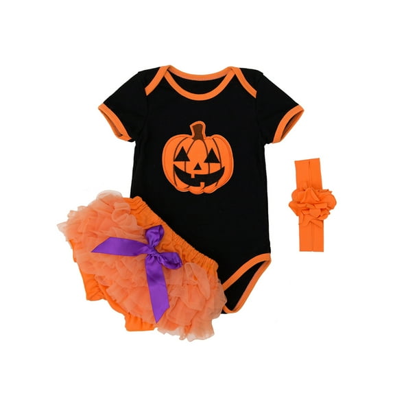 StylesILove Chic Pumpkin Bodysuit Bloomers and Headband Halloween Costume 3 pcs Outfit Set (M/3-6 Months)