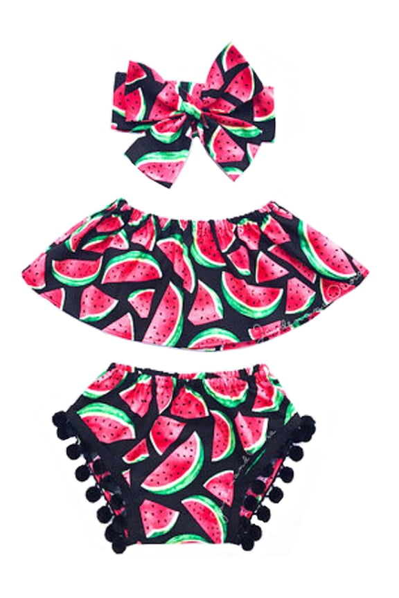 Chic and Fun Watermelon Print Top and Pompom Trim Bloomers with Matching Headband 3 pcs Sunsuit Set (90/ 2T)
