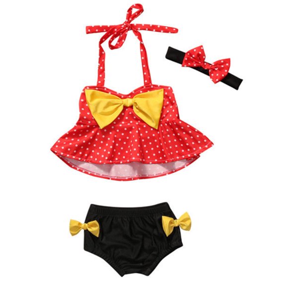 StylesILove Cute Baby Girl Polka Dot Yellow Bowknot Bikini with Headband 3 pcs Set Swimwear Bathing Beach Suit (90/12-18 Months)