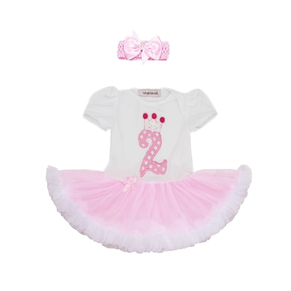 StylesILove Cute Character Baby Girl Holiday Birthday Party Tutu Dress Romper with Headband 2 pcs Outfit Set (70/3-6 Months, Pink 2nd Birthday)