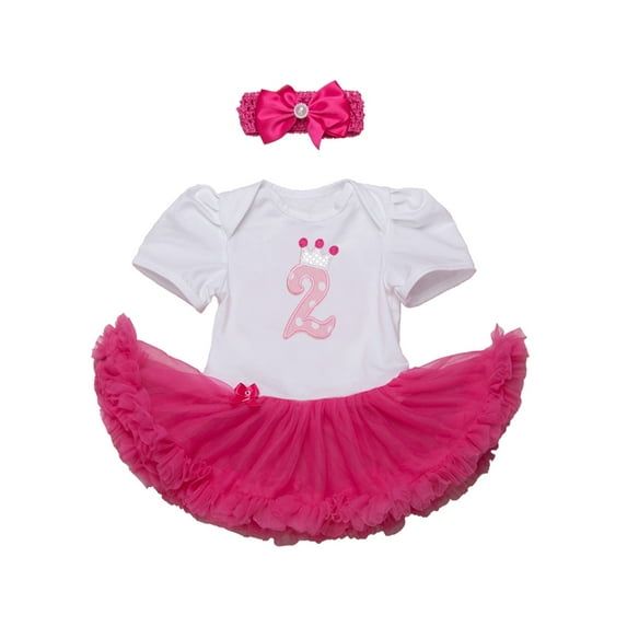 StylesILove Cute Character Baby Girl Holiday Birthday Party Tutu Dress Romper with Headband 2 pcs Outfit Set (80/6-12 Months, Fuchsia 2nd Birthday)