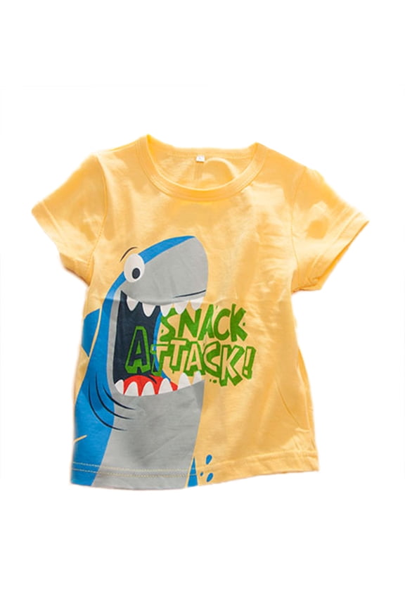 Cute Graphic Print Boy T-shirt, 6 Designs (3-4 Years, Shark Yellow), Tag Size:100