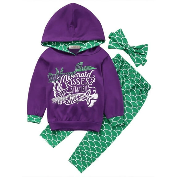 StylesILove Cute Toddle Girl Mermaid Styles Hoodie and Pants with Headband 3 pcs Outfit (90/3T)