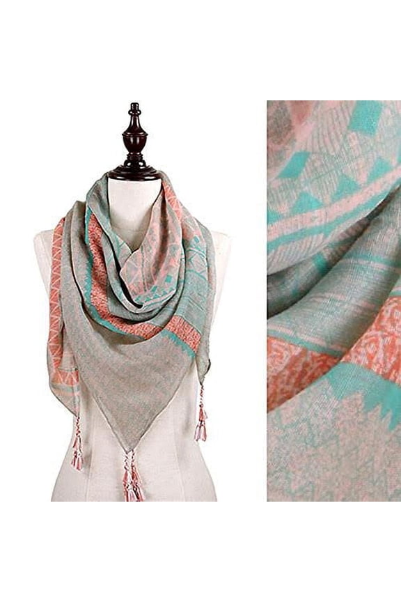 Ethnic Square Shawl Scarf with Tassels, 3 Colors (Peach)