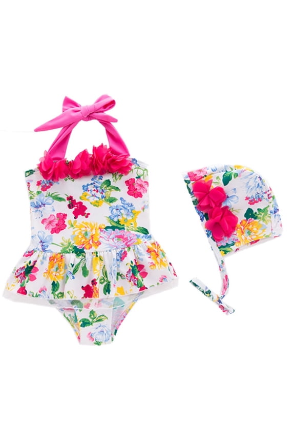 Fuchsia Flower Ruffled Little Girl 2-piece Swimsuit and Hat (5T)