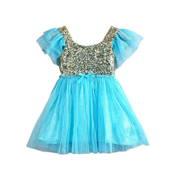 StylesILove Gold Sequin Tulle Flower Girl Dress, 5 Colors (3-4 years / 130, Blue)