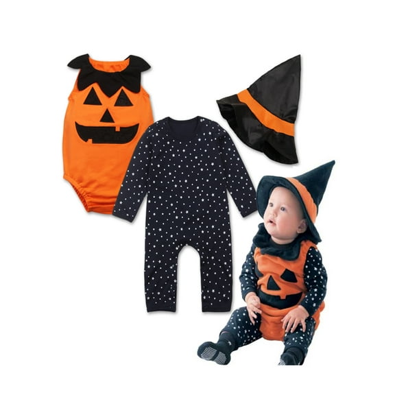 StylesILove Halloween Pumpkin Costume Pumpkin Vest, Romper and Hat 3-Piece (12-18 Months)