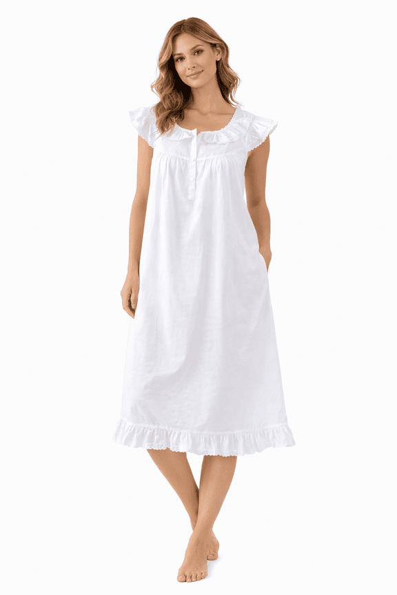 Handmade Women Embroidered Eyelet Accent Night Dress White