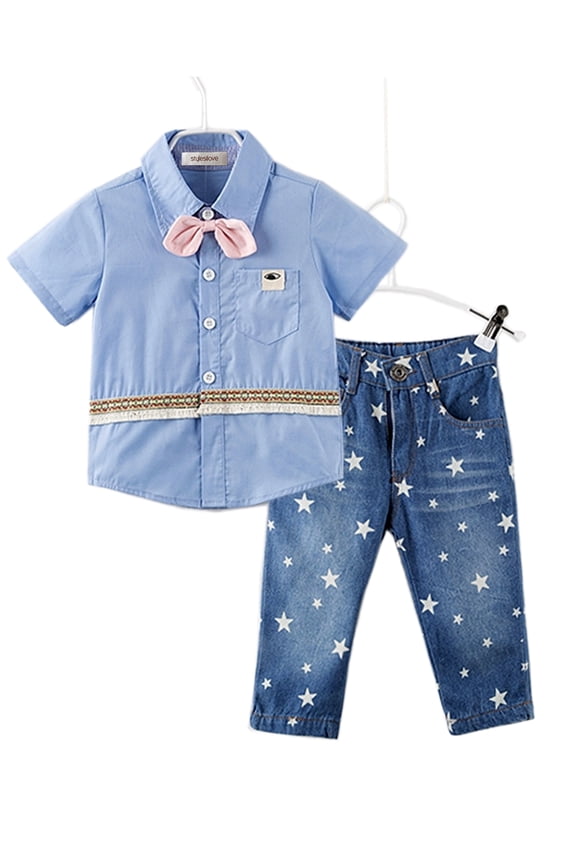 Handsome Kid Boy Blue Shirt with 3D Pink Bowtie and Star Print Jeans Set (2T)