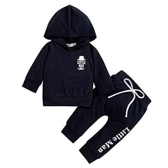 StylesILove Infant Baby Boys Autumn Winter Long Sleeve Little Man Pullover Hoodie and Pants 2pcs Cotton Outfit (Navy Blue, 3 Months)