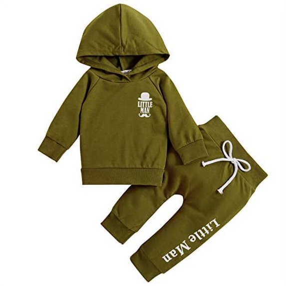 StylesILove Infant Baby Boys Autumn Winter Long Sleeve Little Man Pullover Hoodie and Pants 2pcs Cotton Outfit (Olive, 12 Months)