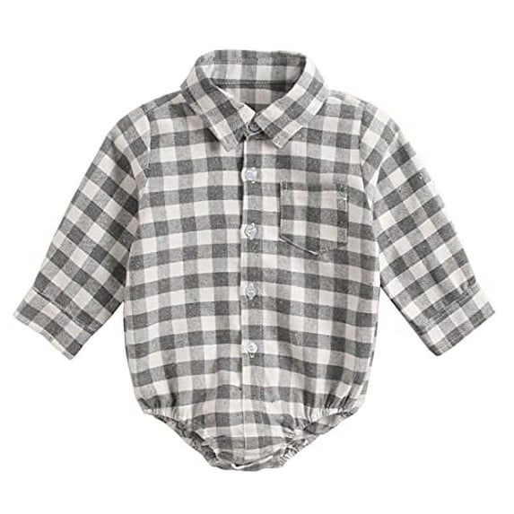 StylesILove Infant Baby Boys Classic Plaid Long Sleeve Button-Down Shirt Cotton Bodysuit Winter Fall Christmas Romper (Grey, 12 Months)