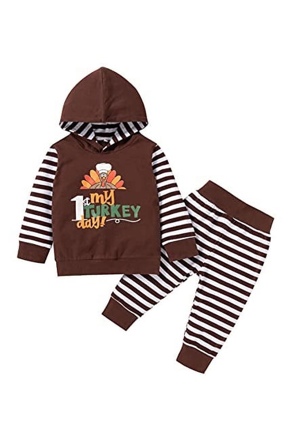Infant Baby Boys My 1st Turkey Day Long Sleeve Pullover Hoodie and Pants 2pcs Holiday Set Brown Thanksgiving Outfit (18 Months)