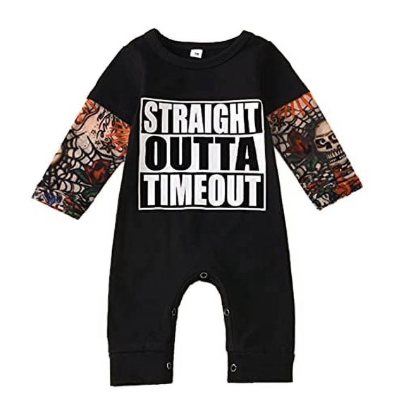 StylesILove Infant Baby Boys Straight Outta Timeout Tattoo Sleeve Cotton Romper Autumn Jumpsuit Outfit (Black, 3 Months)