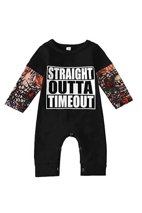 Infant Baby Boys Straight Outta Timeout Tattoo Sleeve Cotton Romper Autumn Jumpsuit Outfit (Black, 3 Months)