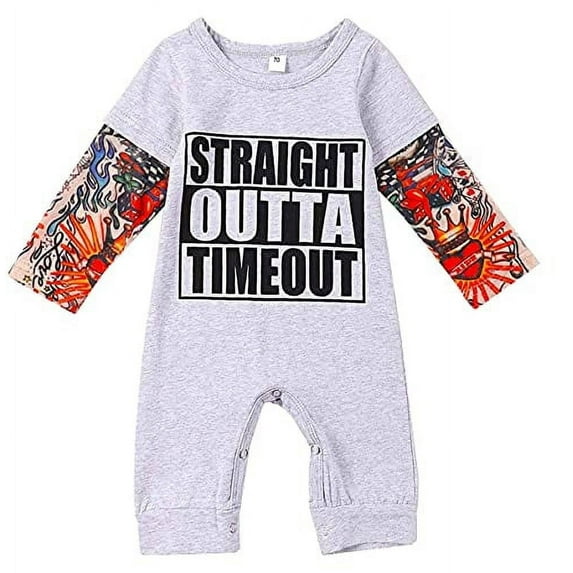 StylesILove Infant Baby Boys Straight Outta Timeout Tattoo Sleeve Cotton Romper Autumn Jumpsuit Outfit (Grey, 6 Months)
