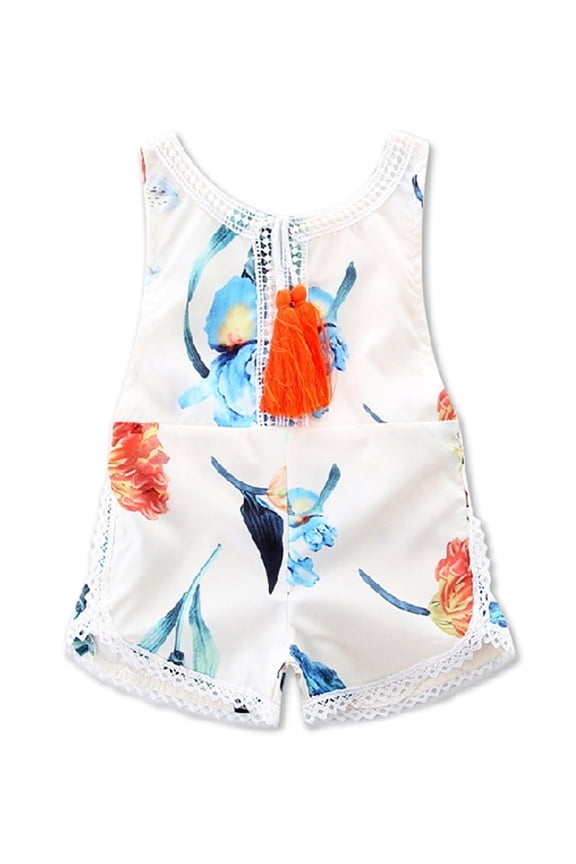 Infant Baby Girl Cotton Lace Flower Sunsuit Romper with Tassels (80/3-6 Months, Ivory)