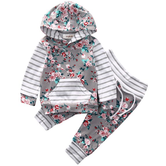 StylesILove Infant Baby Girl Floral Pattern Long Sleeve Hoodie and Pants 2 pcs Outfit (100/18-24 Months, Grey)