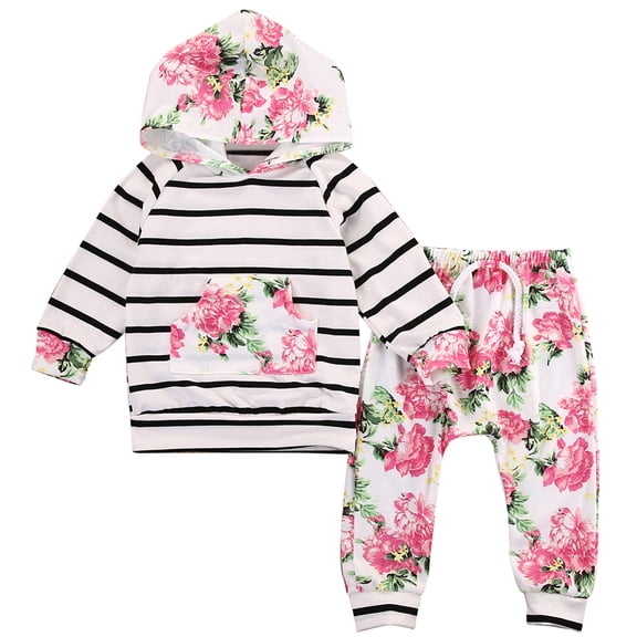 StylesILove Infant Baby Girl Floral Pattern Long Sleeve Hoodie and Pants 2 pcs Outfit (100/18-24 Months, Pink)