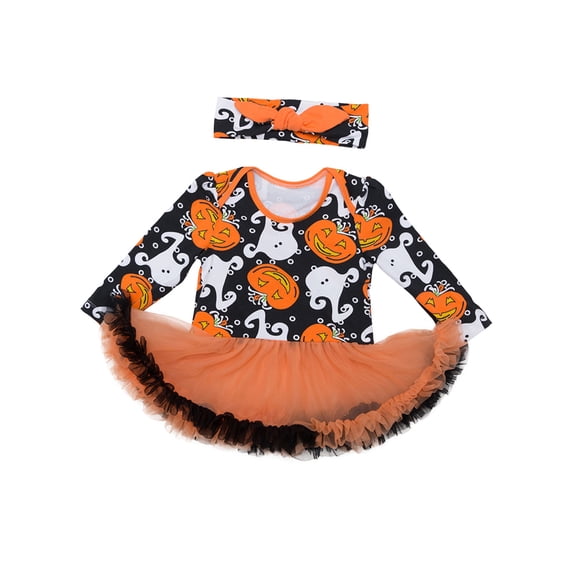 StylesILove Infant Baby Girl Halloween Long Sleeve Cotton Romper Tutu Party Dress and Headband 2 pcs Outfit Set (M/3-6 Months, Multi)