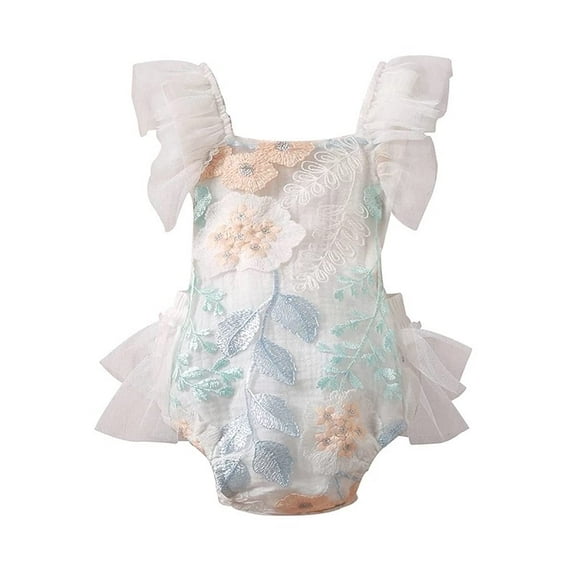 StylesILove Infant Baby Girls Embroidered Floral Tulle Gauze Cotton Romper White Princess Sleeveless Sunsuit Spring Summer Outfit (12 Months)
