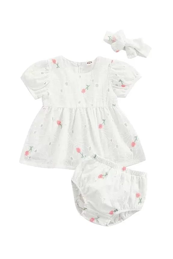 Infant Baby Girls Eyelet Flower Embroidered Dress, Bloomers and Headband 3pcs Outfit Princess Girl Short Sleeve White Cotton Dress (0-3 Months)